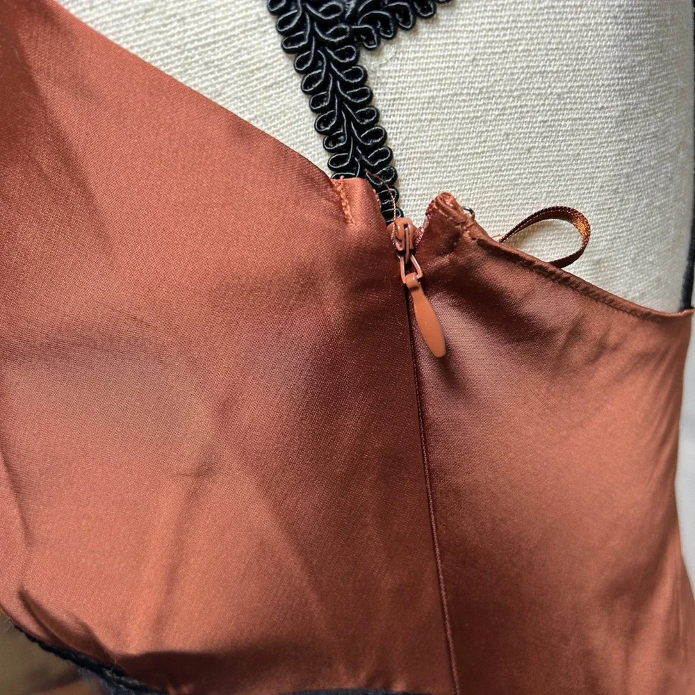 NWT Abercrombie & Fitch Satin Brown Black Lace Trim Slip Midi Dress XS Party - Picture 4 of 8